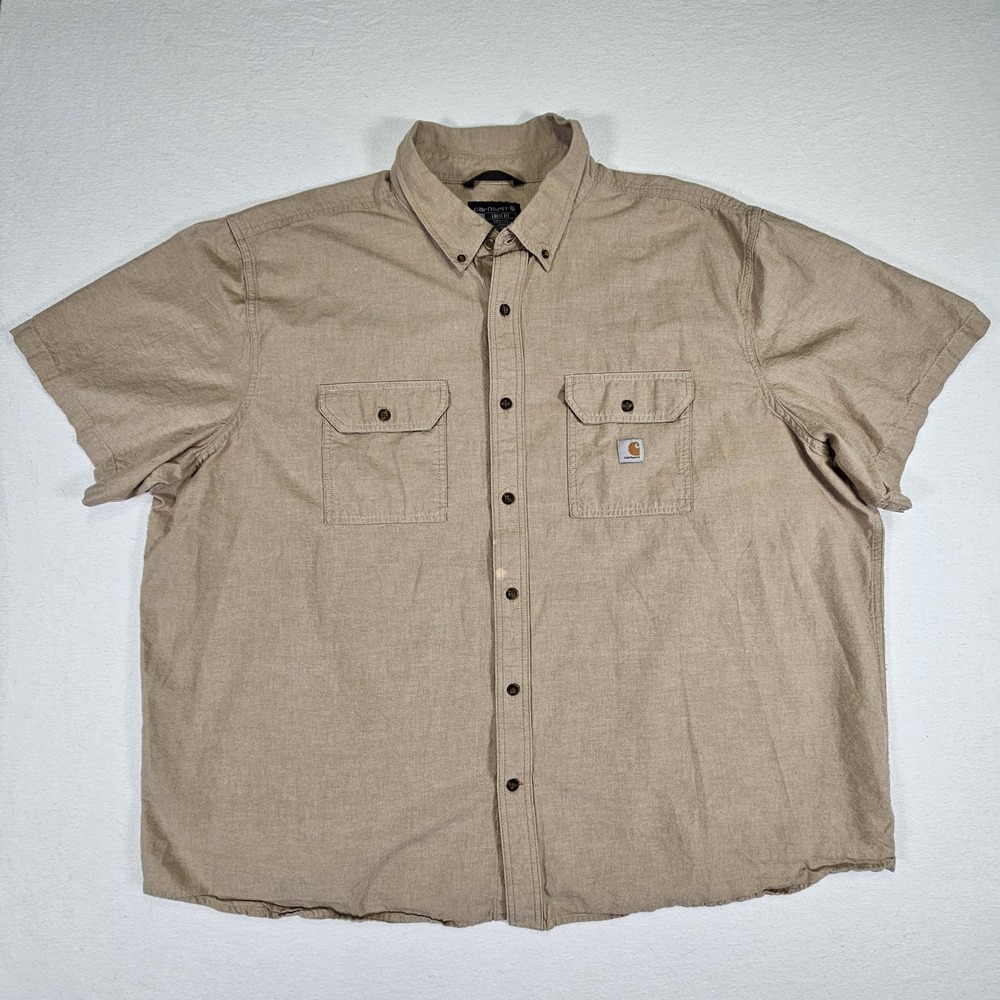 Carhartt Loose Fit Short Sleeve Tan Button Up Chambray Shirt Mens Size 4XL